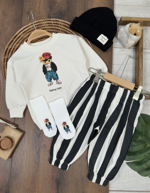 Çizgili Pantolon Tedy Ayıcık Baskılı Sweatshirt Çoraplı Bereli Mevsimlik 3lü Erkek Bebek/Çocuk Takım - BORDO