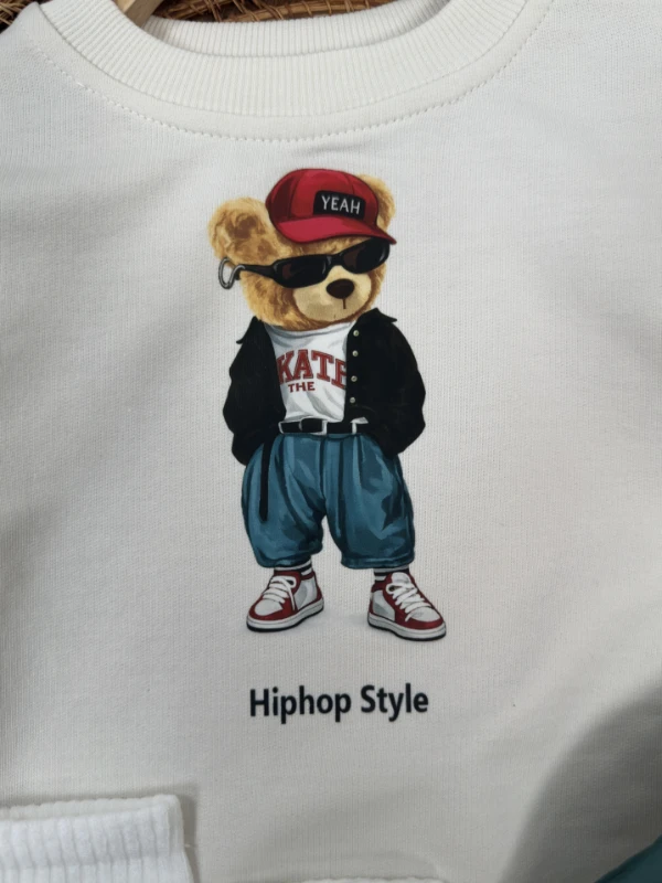 Çizgili Pantolon Tedy Ayıcık Baskılı Sweatshirt Çoraplı Bereli Mevsimlik 3lü Erkek Bebek/Çocuk Takım - BORDO