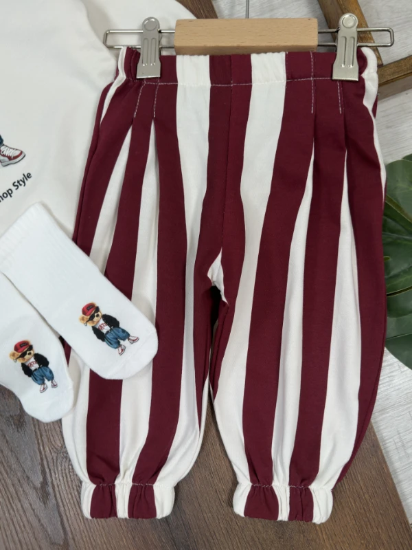Çizgili Pantolon Tedy Ayıcık Baskılı Sweatshirt Çoraplı Bereli Mevsimlik 3lü Erkek Bebek/Çocuk Takım - BORDO