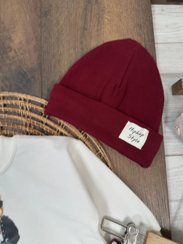 Çizgili Pantolon Tedy Ayıcık Baskılı Sweatshirt Çoraplı Bereli Mevsimlik 3lü Erkek Bebek/Çocuk Takım - BORDO