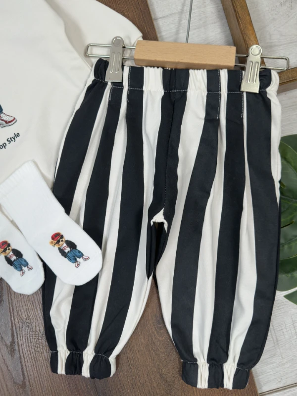 Çizgili Pantolon Tedy Ayıcık Baskılı Sweatshirt Çoraplı Bereli Mevsimlik 3lü Erkek Bebek/Çocuk Takım - BORDO