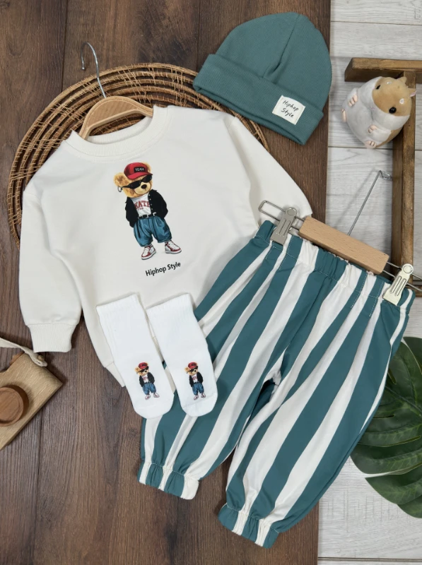 Çizgili Pantolon Tedy Ayıcık Baskılı Sweatshirt Çoraplı Bereli Mevsimlik 3lü Erkek Bebek/Çocuk Takım - BORDO