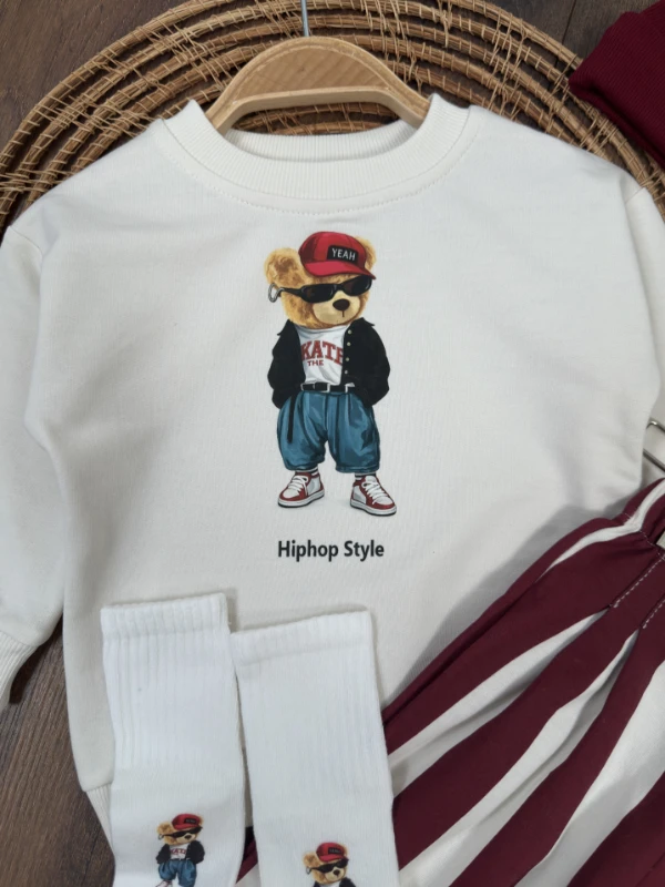 Çizgili Pantolon Tedy Ayıcık Baskılı Sweatshirt Çoraplı Bereli Mevsimlik 3lü Erkek Bebek/Çocuk Takım - BORDO