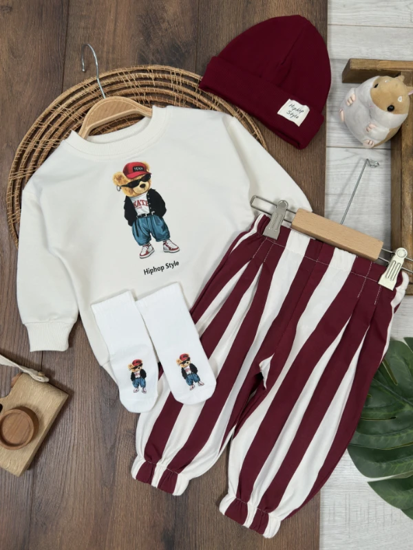 Çizgili Pantolon Tedy Ayıcık Baskılı Sweatshirt Çoraplı Bereli Mevsimlik 3lü Erkek Bebek/Çocuk Takım - BORDO
