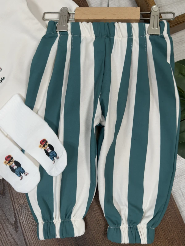 Çizgili Pantolon Tedy Ayıcık Baskılı Sweatshirt Çoraplı Bereli Mevsimlik 3lü Erkek Bebek/Çocuk Takım - BORDO