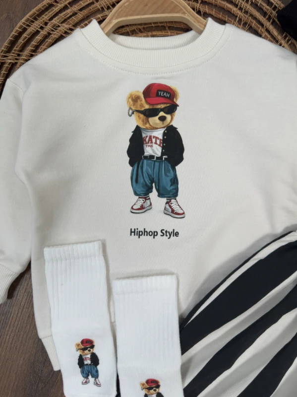 Çizgili Pantolon Tedy Ayıcık Baskılı Sweatshirt Çoraplı Bereli Mevsimlik 3lü Erkek Bebek/Çocuk Takım - BORDO