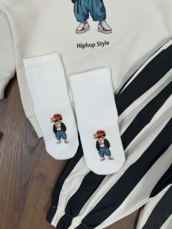 Çizgili Pantolon Tedy Ayıcık Baskılı Sweatshirt Çoraplı Bereli Mevsimlik 3lü Erkek Bebek/Çocuk Takım - BORDO