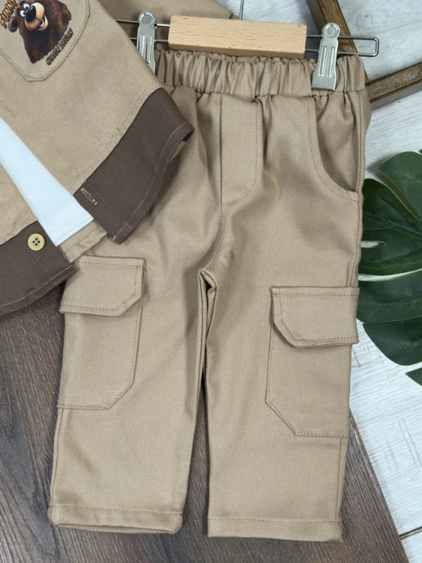 Gabardin Düğmeli Ayıcık Baskılı Badi Bermuda Cep Detaylı Likralı 3lü Erkek Bebek/Çocuk Takım - KAHVE