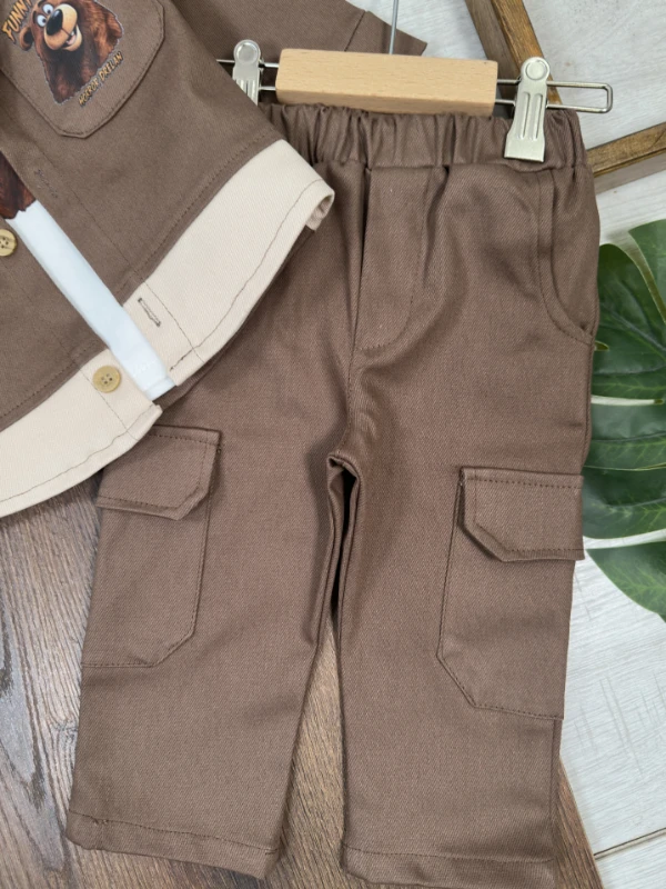 Gabardin Düğmeli Ayıcık Baskılı Badi Bermuda Cep Detaylı Likralı 3lü Erkek Bebek/Çocuk Takım - KAHVE