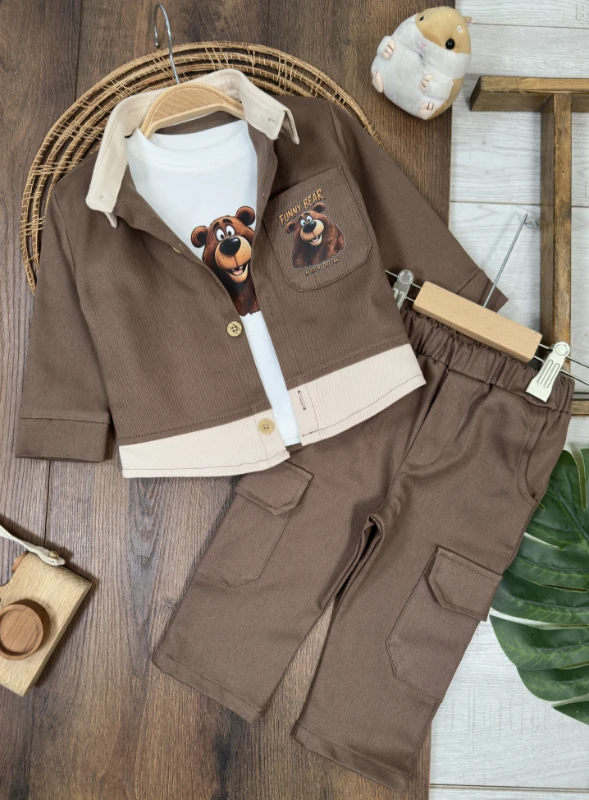 Gabardin Düğmeli Ayıcık Baskılı Badi Bermuda Cep Detaylı Likralı 3lü Erkek Bebek/Çocuk Takım - KAHVE