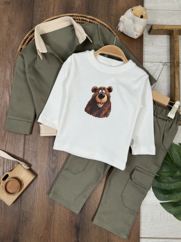 Gabardin Düğmeli Ayıcık Baskılı Badi Bermuda Cep Detaylı Likralı 3lü Erkek Bebek/Çocuk Takım - KAHVE