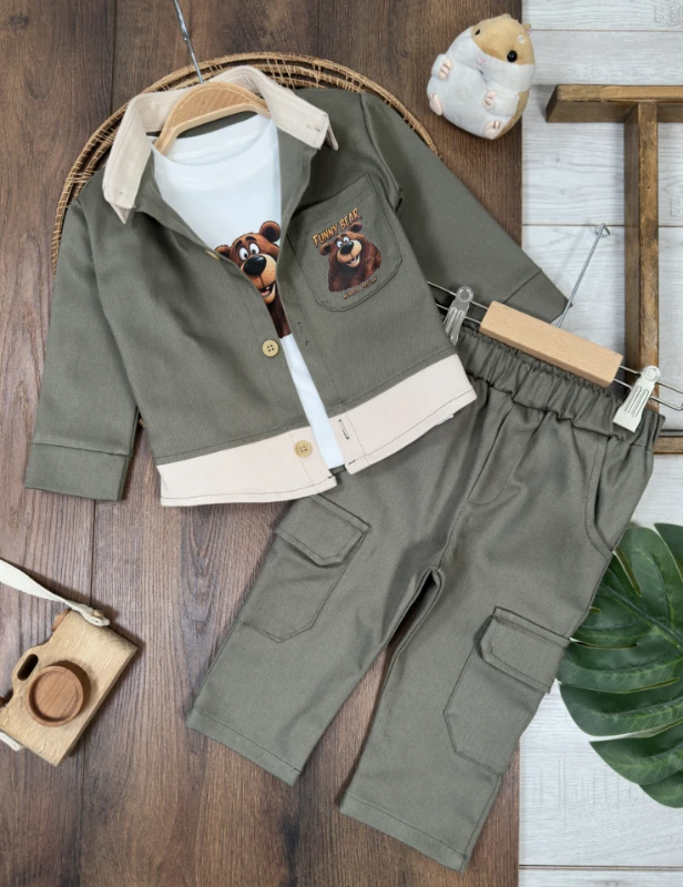 Gabardin Düğmeli Ayıcık Baskılı Badi Bermuda Cep Detaylı Likralı 3lü Erkek Bebek/Çocuk Takım - KAHVE