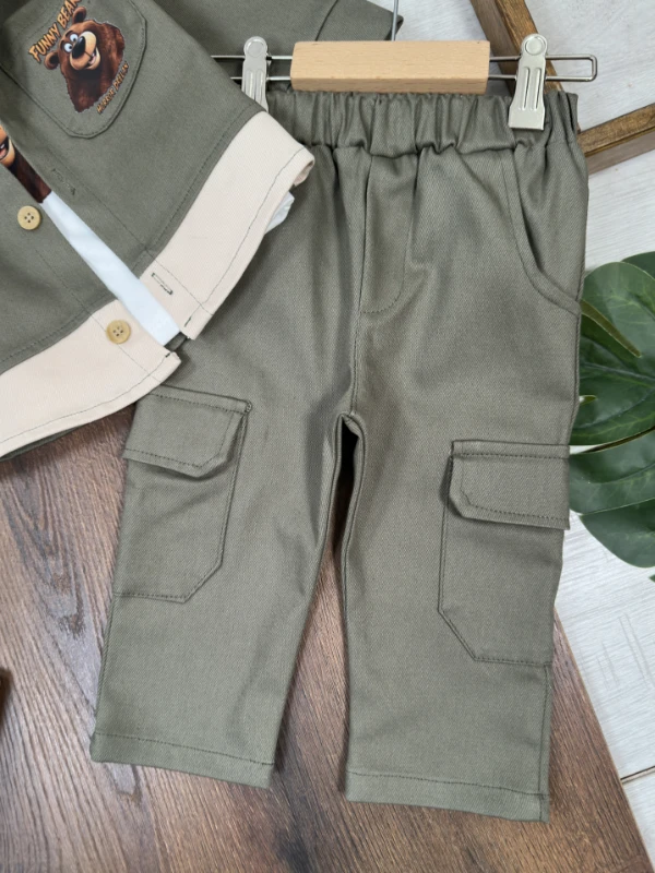 Gabardin Düğmeli Ayıcık Baskılı Badi Bermuda Cep Detaylı Likralı 3lü Erkek Bebek/Çocuk Takım - KAHVE