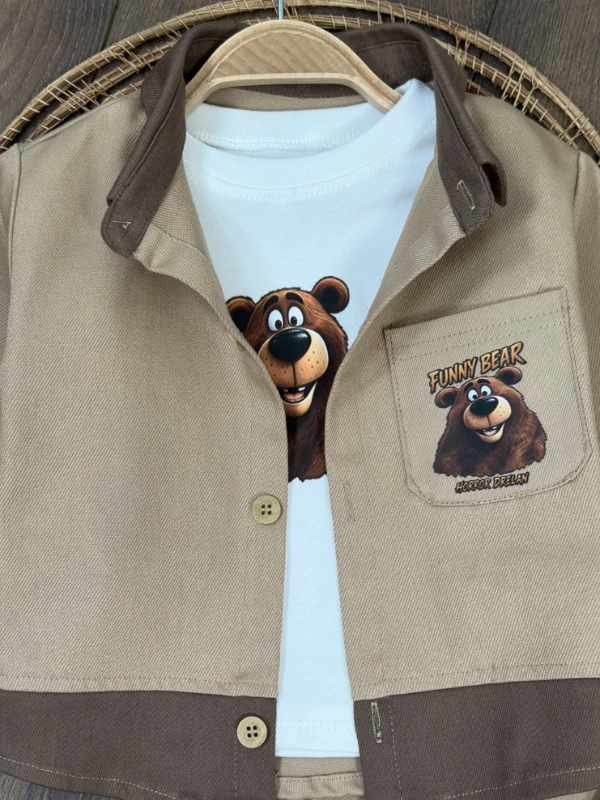 Gabardin Düğmeli Ayıcık Baskılı Badi Bermuda Cep Detaylı Likralı 3lü Erkek Bebek/Çocuk Takım - KAHVE