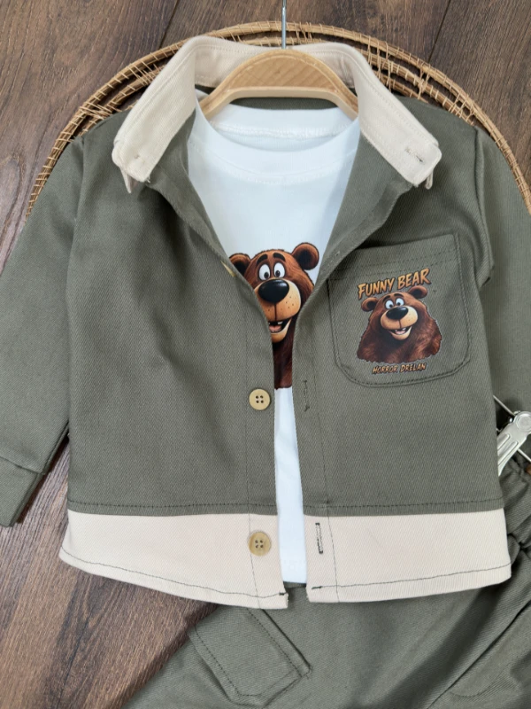 Gabardin Düğmeli Ayıcık Baskılı Badi Bermuda Cep Detaylı Likralı 3lü Erkek Bebek/Çocuk Takım - KAHVE