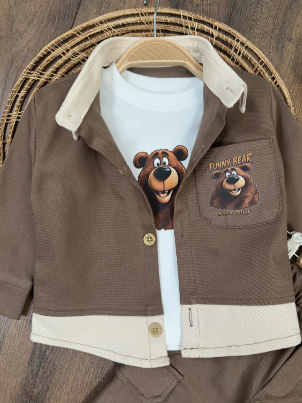 Gabardin Düğmeli Ayıcık Baskılı Badi Bermuda Cep Detaylı Likralı 3lü Erkek Bebek/Çocuk Takım - KAHVE