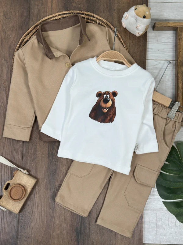 Gabardin Düğmeli Ayıcık Baskılı Badi Bermuda Cep Detaylı Likralı 3lü Erkek Bebek/Çocuk Takım - KAHVE
