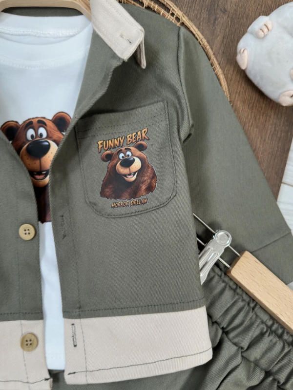 Gabardin Düğmeli Ayıcık Baskılı Badi Bermuda Cep Detaylı Likralı 3lü Erkek Bebek/Çocuk Takım - KAHVE
