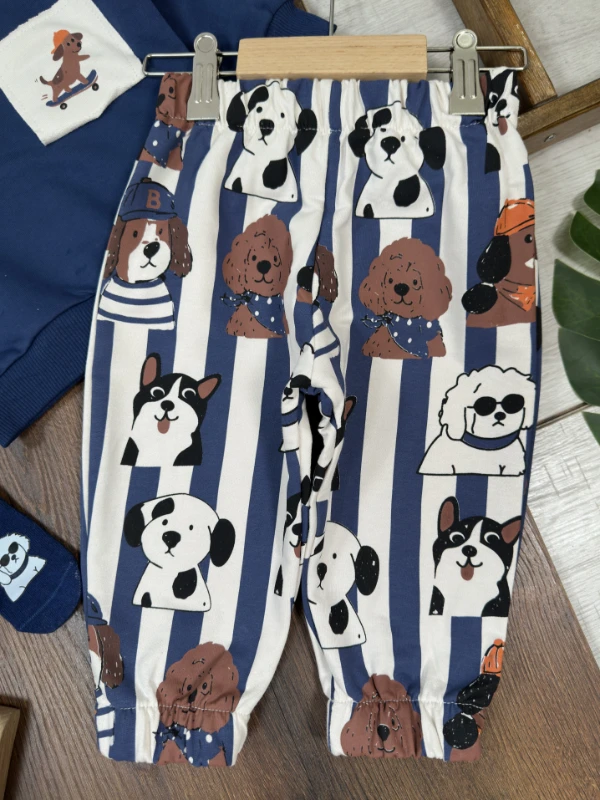 Çoraplı Safari Şapkalı Sevimli Köpekler Baskılı Mevsimlik 4lü Erkek Bebek/Çocuk Takım - LACİVERT