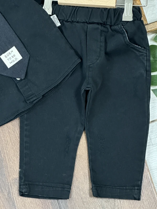 Kravatlı Likralı Kot Önden Çıtçıtlı 3lü Kot Erkek Bebek/Çocuk Takım - ANTRASİT