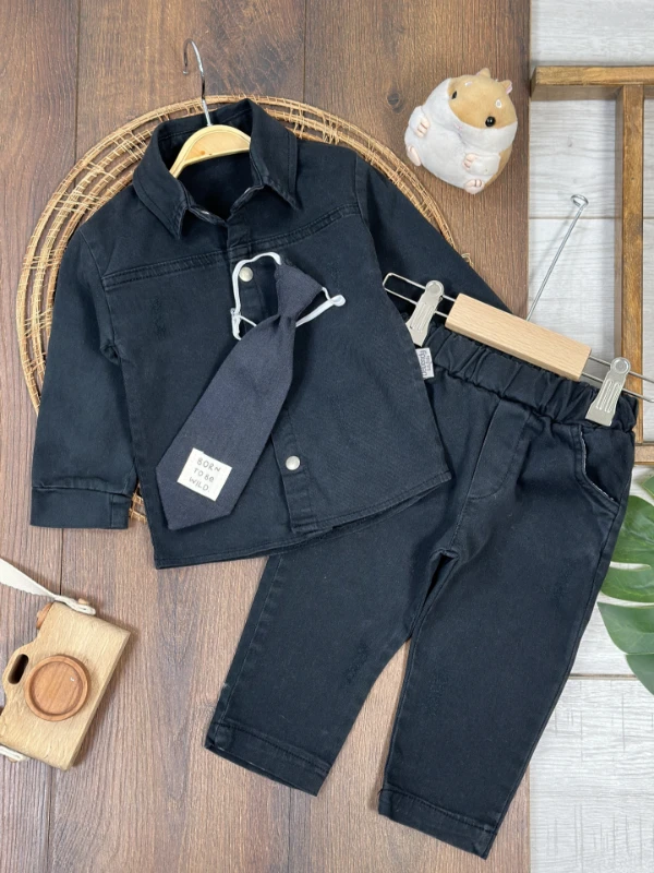 Kravatlı Likralı Kot Önden Çıtçıtlı 3lü Kot Erkek Bebek/Çocuk Takım - ANTRASİT