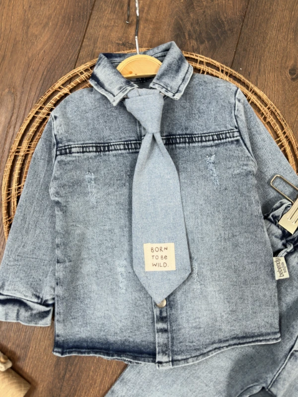 Kravatlı Likralı Kot Önden Çıtçıtlı 3lü Kot Erkek Bebek/Çocuk Takım - ANTRASİT