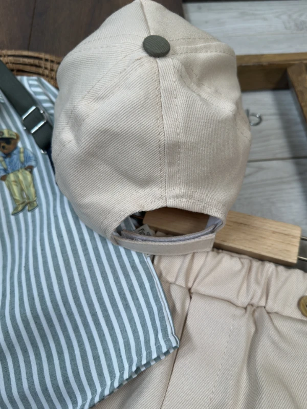 Askı Kemerli Şapkalı Ayıcık Baskılı Likralı Gabardin Pantolon 4lü Erkek Bebek/Çocuk Takım - MAVİ
