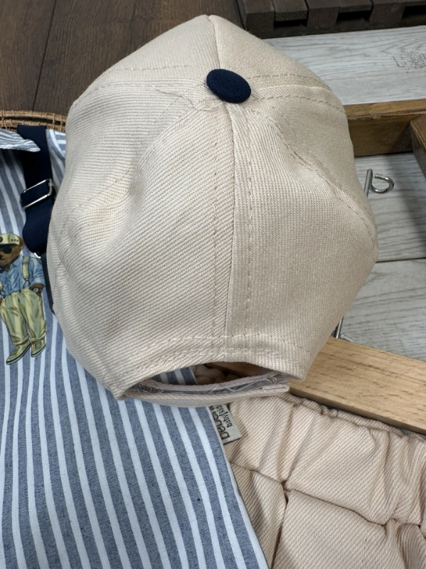 Askı Kemerli Şapkalı Ayıcık Baskılı Likralı Gabardin Pantolon 4lü Erkek Bebek/Çocuk Takım - MAVİ