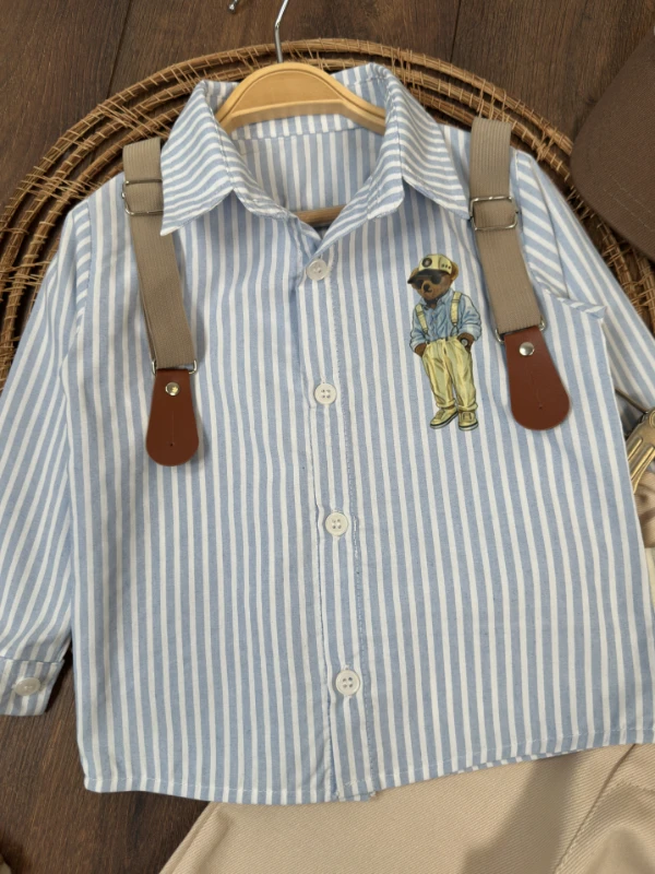 Askı Kemerli Şapkalı Ayıcık Baskılı Likralı Gabardin Pantolon 4lü Erkek Bebek/Çocuk Takım - MAVİ