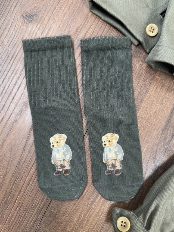 Gabardin Düğmeli Çoraplı Ayıcık Baskılı Badi Cep Detaylı Likralı 4lü Erkek Bebek/Çocuk Takım - KAHVE