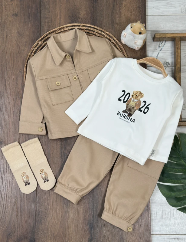 Gabardin Düğmeli Çoraplı Ayıcık Baskılı Badi Cep Detaylı Likralı 4lü Erkek Bebek/Çocuk Takım - KAHVE