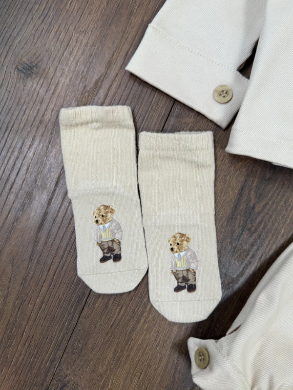 Gabardin Düğmeli Çoraplı Ayıcık Baskılı Badi Cep Detaylı Likralı 4lü Erkek Bebek/Çocuk Takım - KAHVE