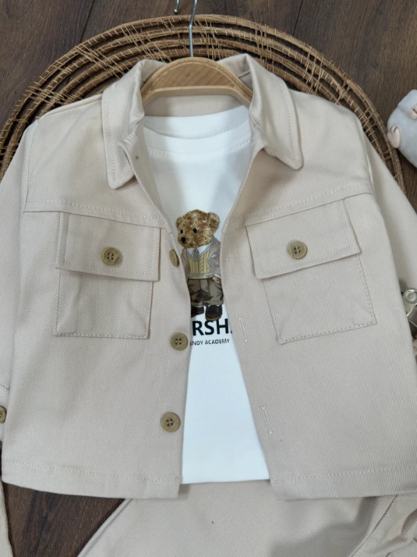 Gabardin Düğmeli Çoraplı Ayıcık Baskılı Badi Cep Detaylı Likralı 4lü Erkek Bebek/Çocuk Takım - KAHVE