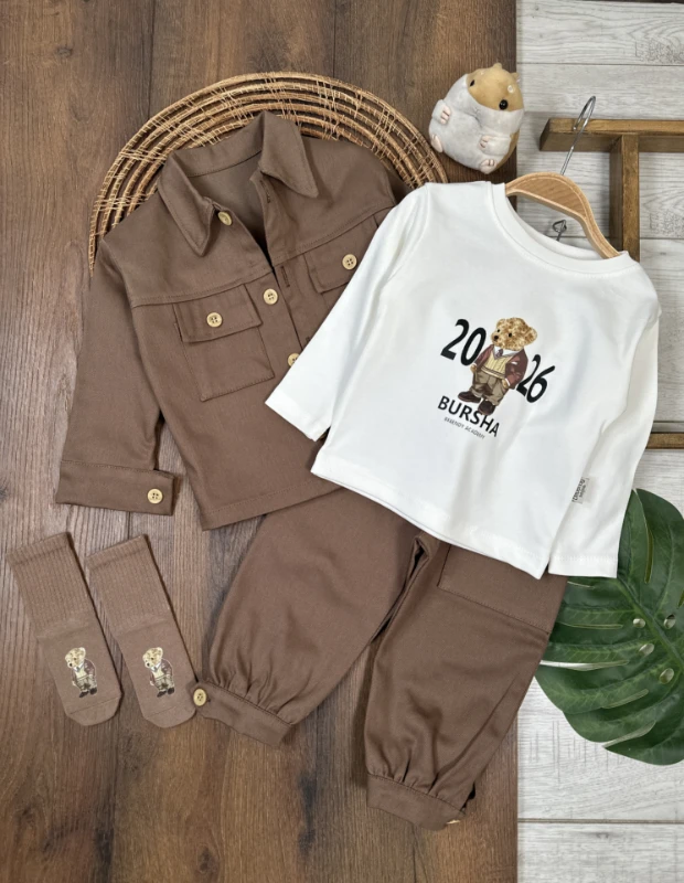 Gabardin Düğmeli Çoraplı Ayıcık Baskılı Badi Cep Detaylı Likralı 4lü Erkek Bebek/Çocuk Takım - KAHVE