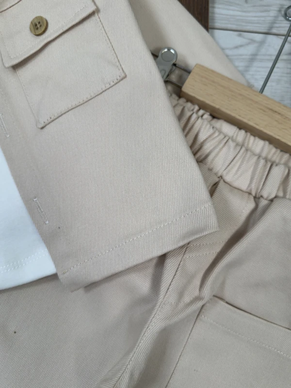 Gabardin Düğmeli Çoraplı Ayıcık Baskılı Badi Cep Detaylı Likralı 4lü Erkek Bebek/Çocuk Takım - KAHVE