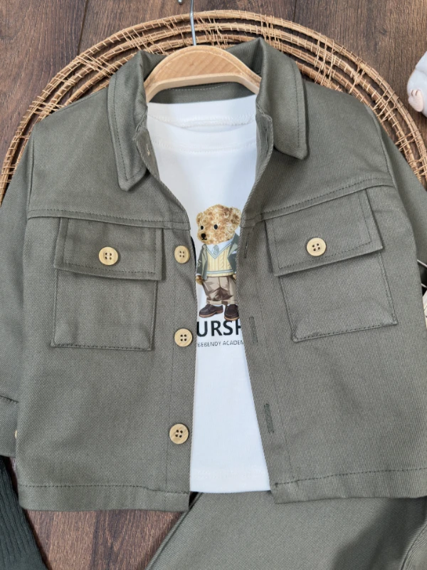 Gabardin Düğmeli Çoraplı Ayıcık Baskılı Badi Cep Detaylı Likralı 4lü Erkek Bebek/Çocuk Takım - KAHVE