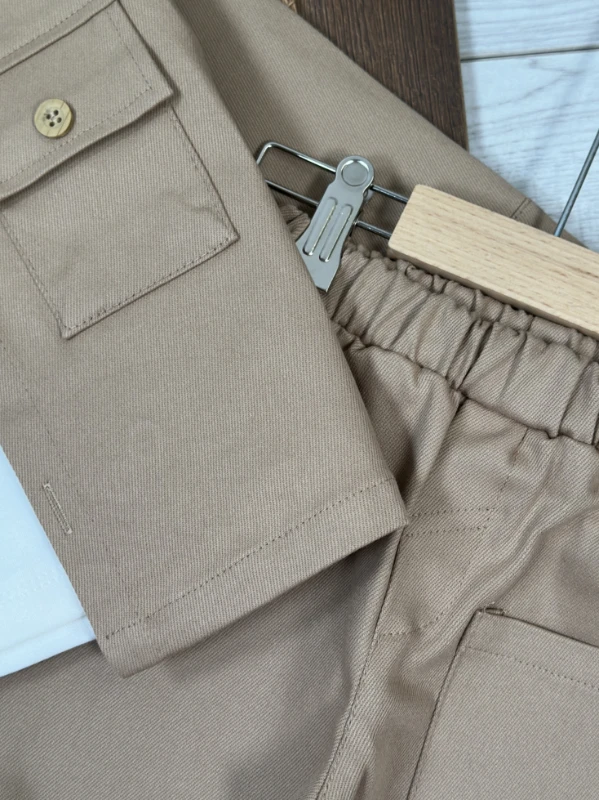 Gabardin Düğmeli Çoraplı Ayıcık Baskılı Badi Cep Detaylı Likralı 4lü Erkek Bebek/Çocuk Takım - KAHVE