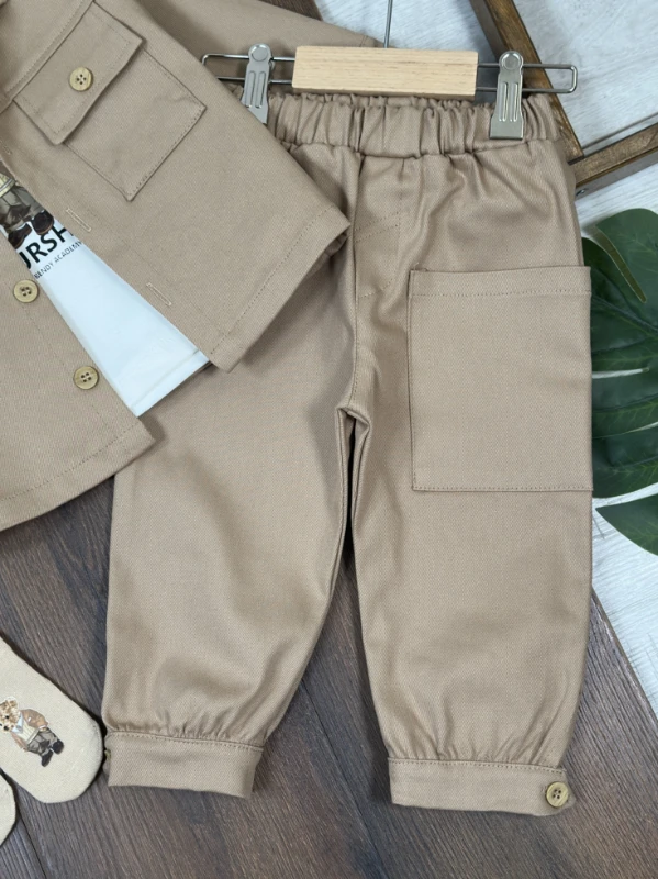 Gabardin Düğmeli Çoraplı Ayıcık Baskılı Badi Cep Detaylı Likralı 4lü Erkek Bebek/Çocuk Takım - KAHVE