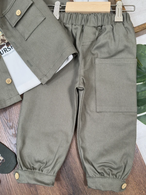 Gabardin Düğmeli Çoraplı Ayıcık Baskılı Badi Cep Detaylı Likralı 4lü Erkek Bebek/Çocuk Takım - KAHVE