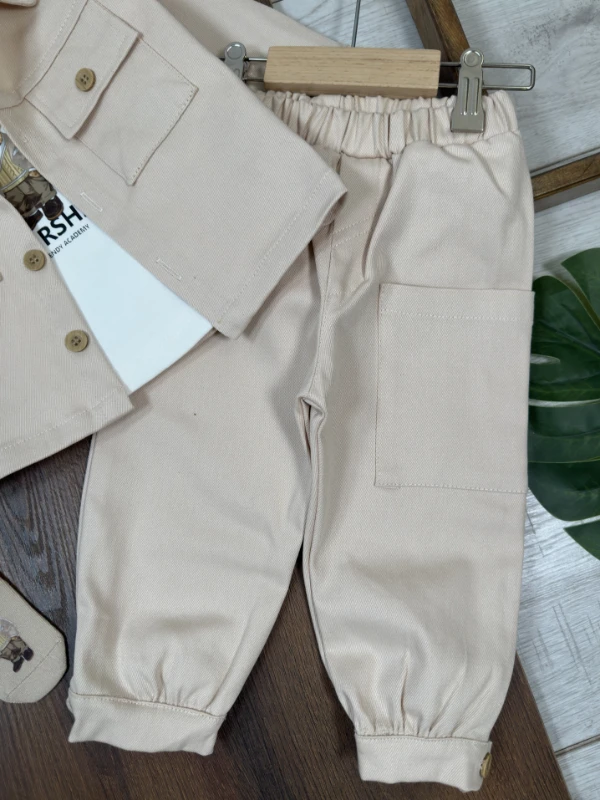 Gabardin Düğmeli Çoraplı Ayıcık Baskılı Badi Cep Detaylı Likralı 4lü Erkek Bebek/Çocuk Takım - KAHVE