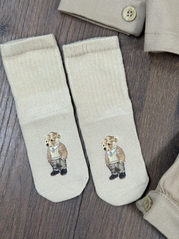 Gabardin Düğmeli Çoraplı Ayıcık Baskılı Badi Cep Detaylı Likralı 4lü Erkek Bebek/Çocuk Takım - KAHVE