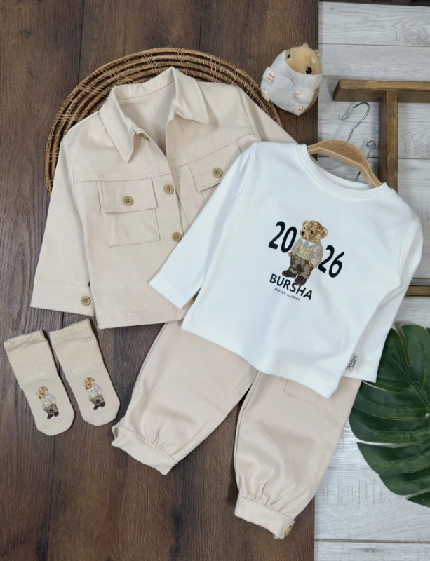 Gabardin Düğmeli Çoraplı Ayıcık Baskılı Badi Cep Detaylı Likralı 4lü Erkek Bebek/Çocuk Takım - KAHVE