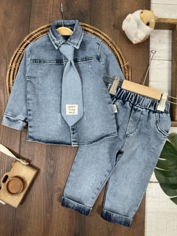 Kravatlı Likralı Kot Önden Çıtçıtlı 3lü Kot Erkek Bebek/Çocuk Takım - MAVİ