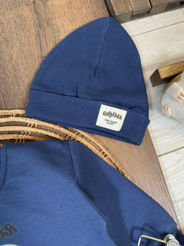 Çizgili Pantolon Capybara Baskılı Sweatshirt Çoraplı Bereli Mevsimlik 4lü Erkek Bebek/Çocuk Takım - LACİVERT