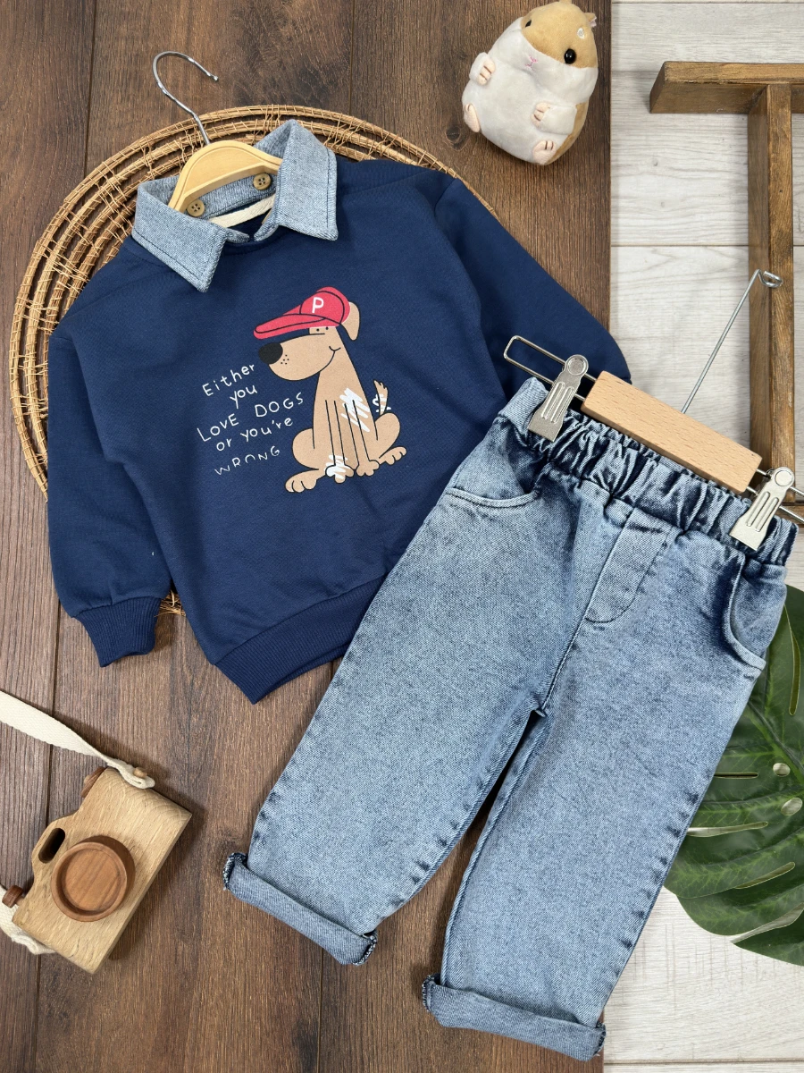 Polo Yaka Sevimli Köpek Baskılı Sök Tak Yaka Likralı Kot Pantolon 3lü Erkek Bebek/Çocuk Takım - LACİVERT
