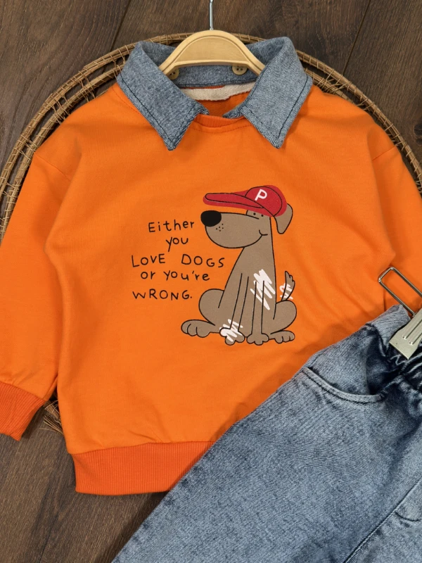 Polo Yaka Sevimli Köpek Baskılı Sök Tak Yaka Likralı Kot Pantolon 3lü Erkek Bebek/Çocuk Takım - TURUNCU