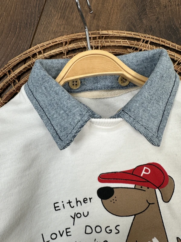 Polo Yaka Sevimli Köpek Baskılı Sök Tak Yaka Likralı Kot Pantolon 3lü Erkek Bebek/Çocuk Takım - BEYAZ
