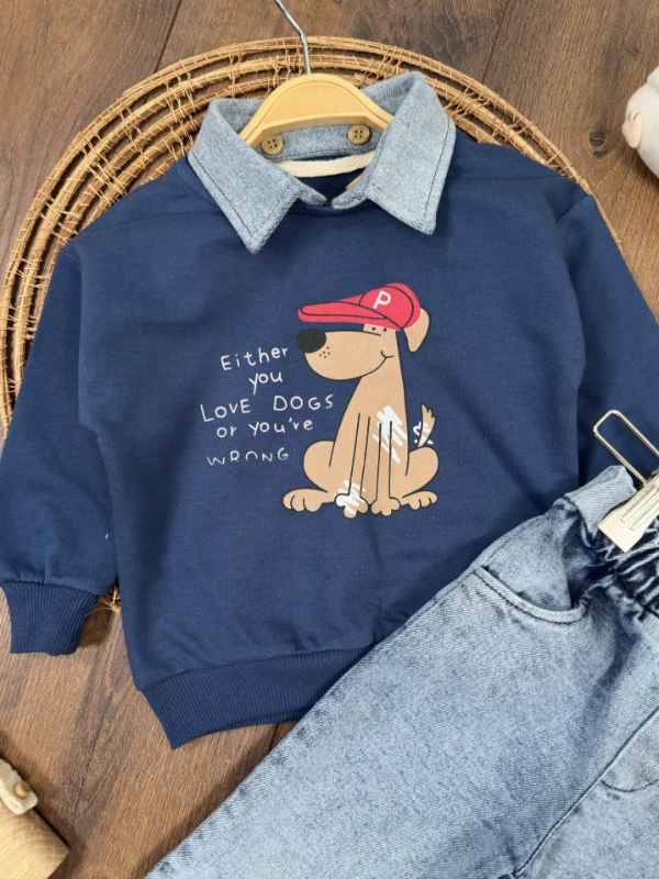 Polo Yaka Sevimli Köpek Baskılı Sök Tak Yaka Likralı Kot Pantolon 3lü Erkek Bebek/Çocuk Takım - LACİVERT