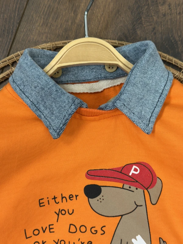 Polo Yaka Sevimli Köpek Baskılı Sök Tak Yaka Likralı Kot Pantolon 3lü Erkek Bebek/Çocuk Takım - TURUNCU