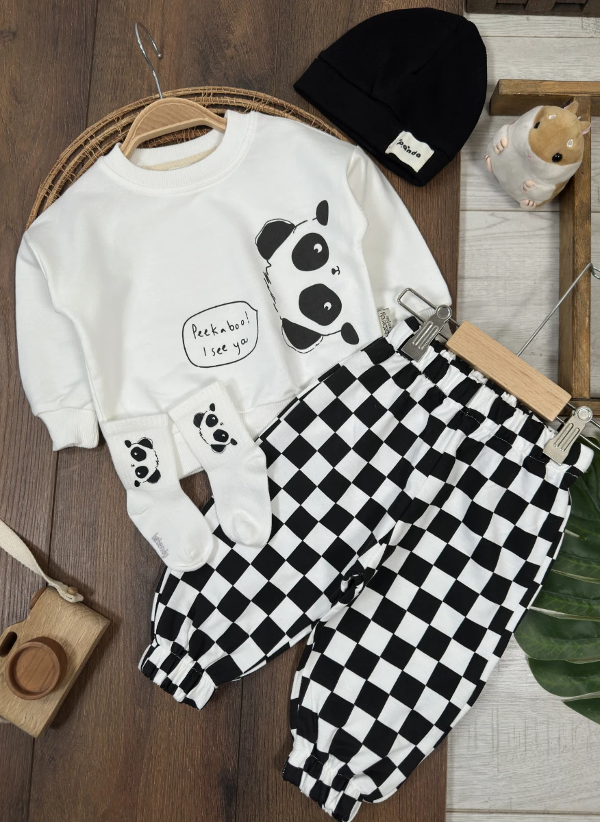 Panda Kareli Pantolon Çoraplı Bereli Mevsimlik 4lü Erkek Bebek/Çocuk Takım - SİYAH